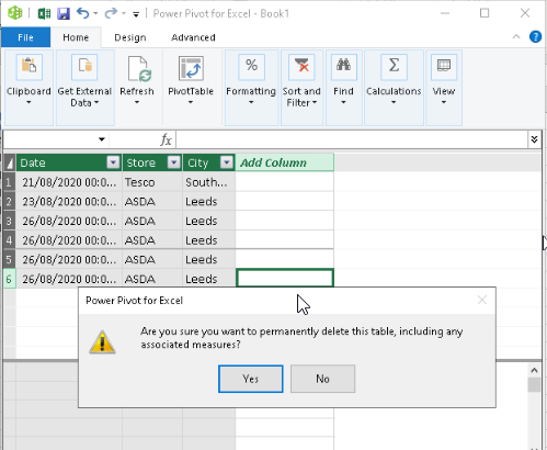 CTRL+D delete table from Power Pivot.