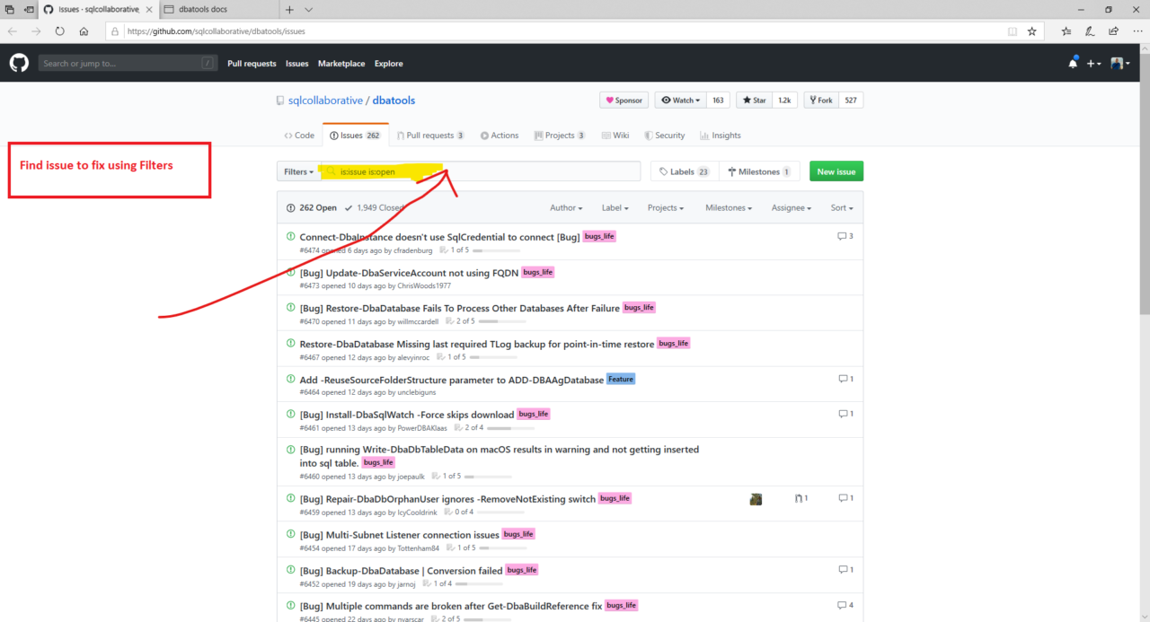 dbatools@GitHub - find an issue