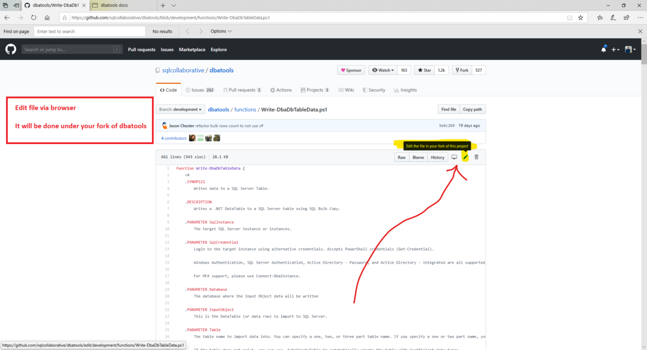 dbatools@GitHub - edit the code