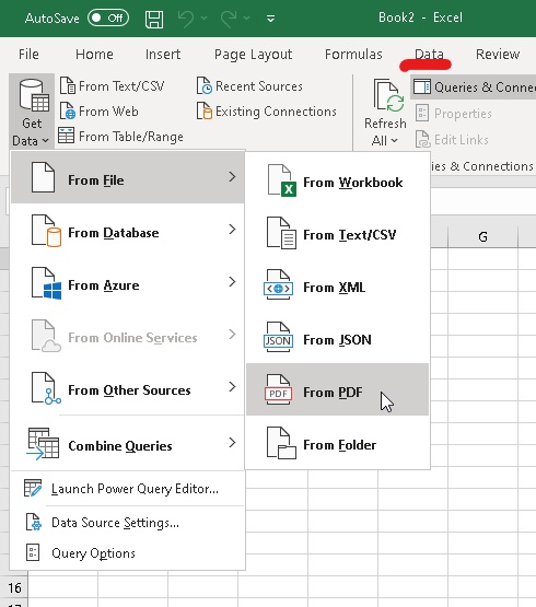 Data Tab > Get Data >From File >From PDF