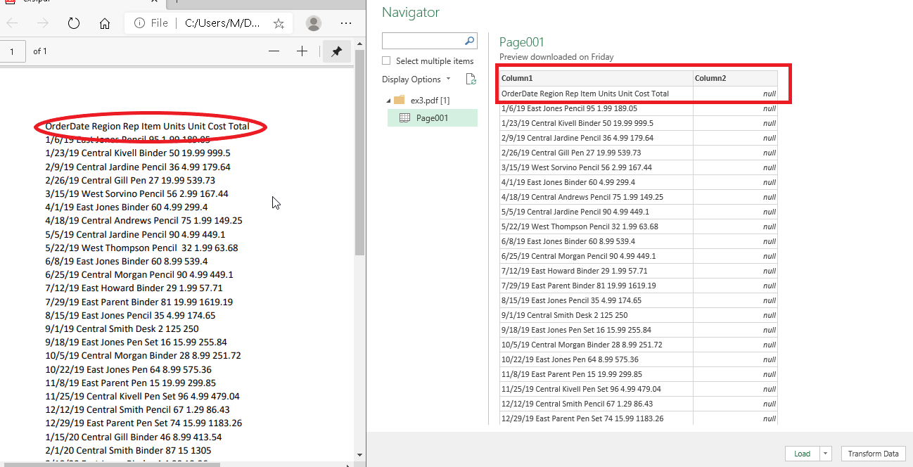 Left – PDF file with no line between column. Right Data in Navigator