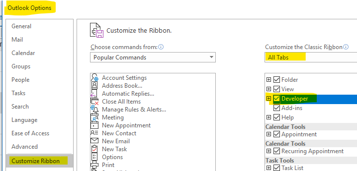 Add Developer to the Outlook ribbon